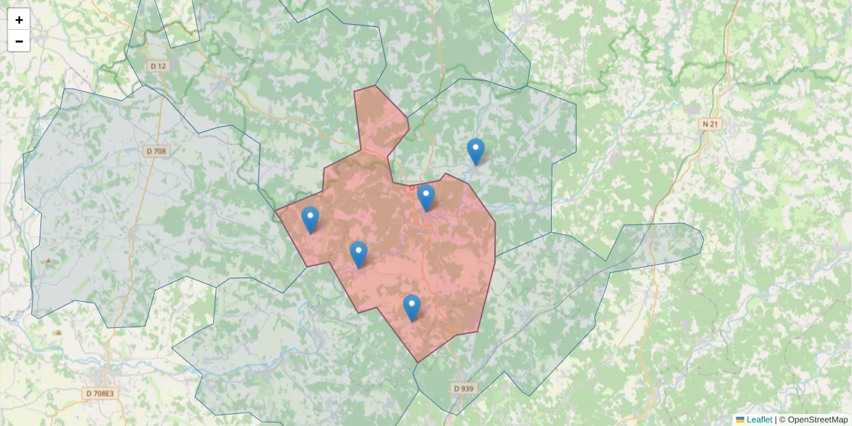 Carte de la zone du code postal  et des codes postaux voisins en France