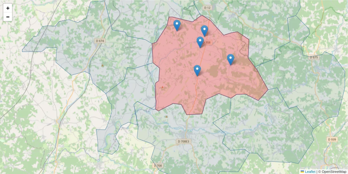 Carte de la zone du code postal  et des codes postaux voisins en France