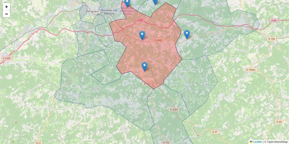 Carte de la zone du code postal  et des codes postaux voisins en France