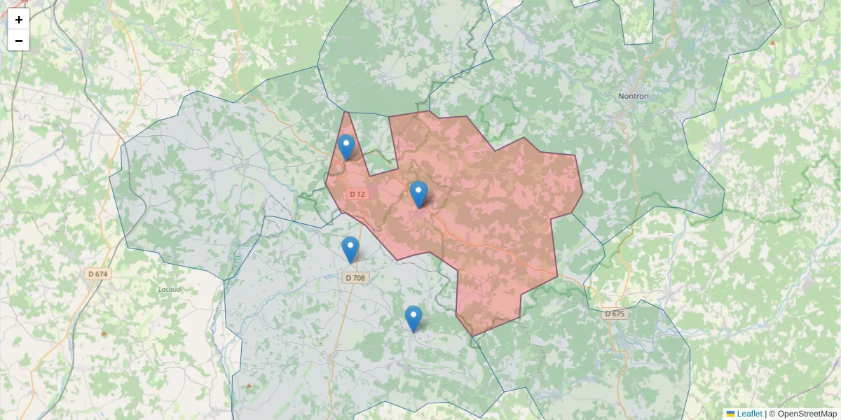 Carte de la zone du code postal  et des codes postaux voisins en France
