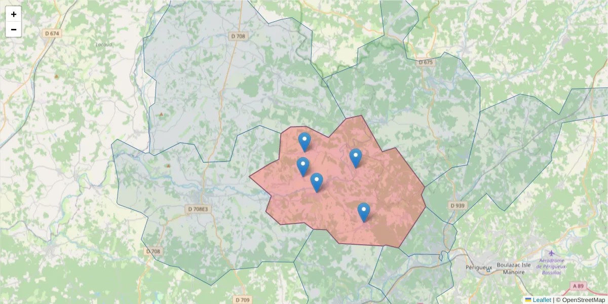 Carte de la zone du code postal  et des codes postaux voisins en France