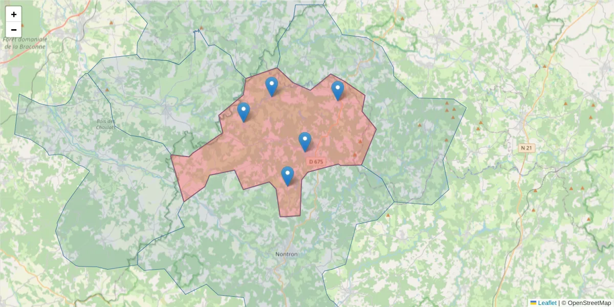Carte de la zone du code postal  et des codes postaux voisins en France