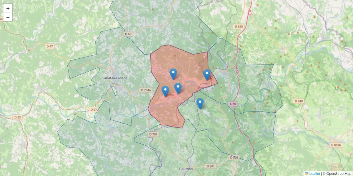 Carte de la zone du code postal  et des codes postaux voisins en France