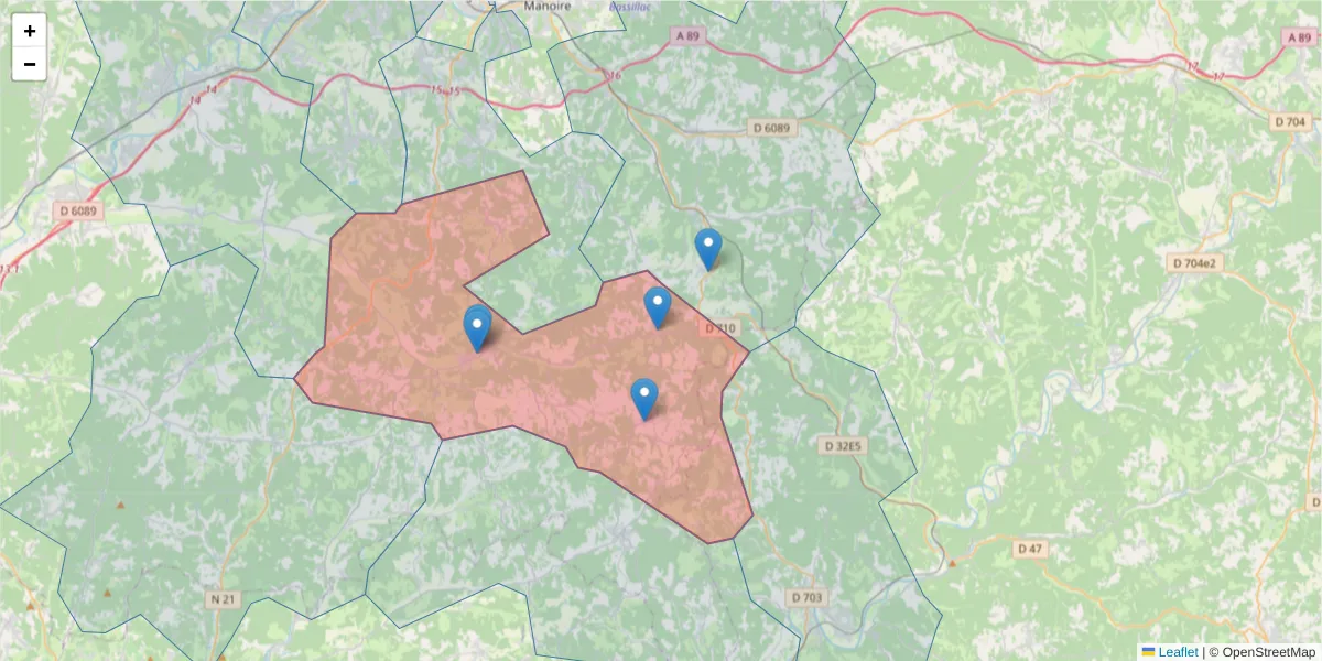 Carte de la zone du code postal  et des codes postaux voisins en France