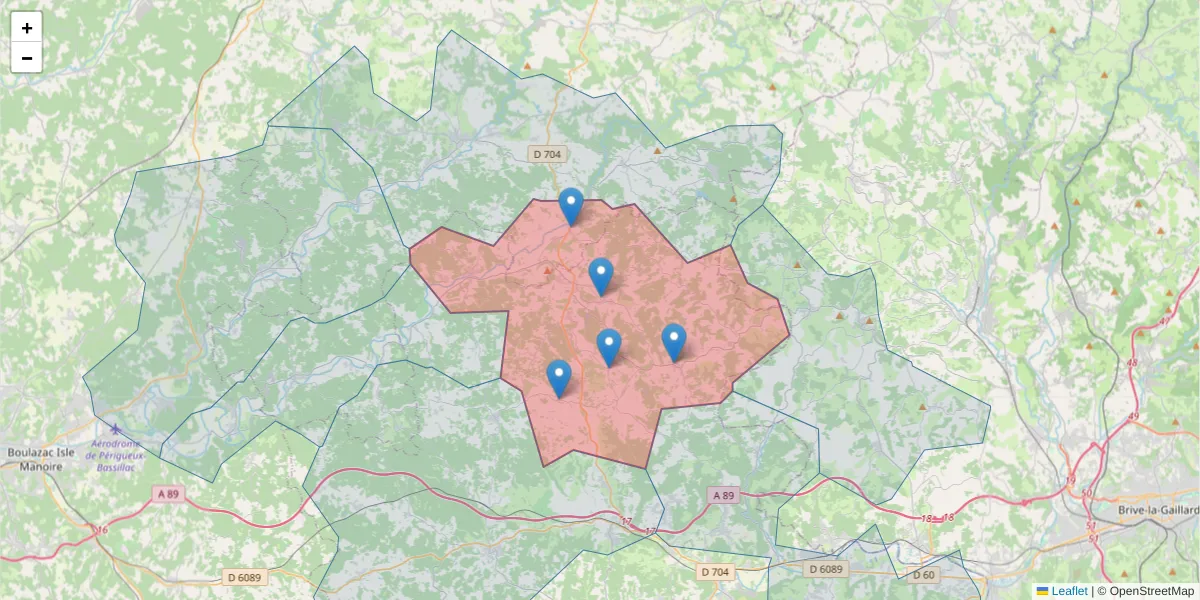 Carte de la zone du code postal  et des codes postaux voisins en France
