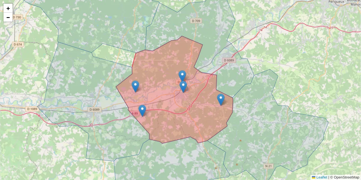 Carte de la zone du code postal  et des codes postaux voisins en France