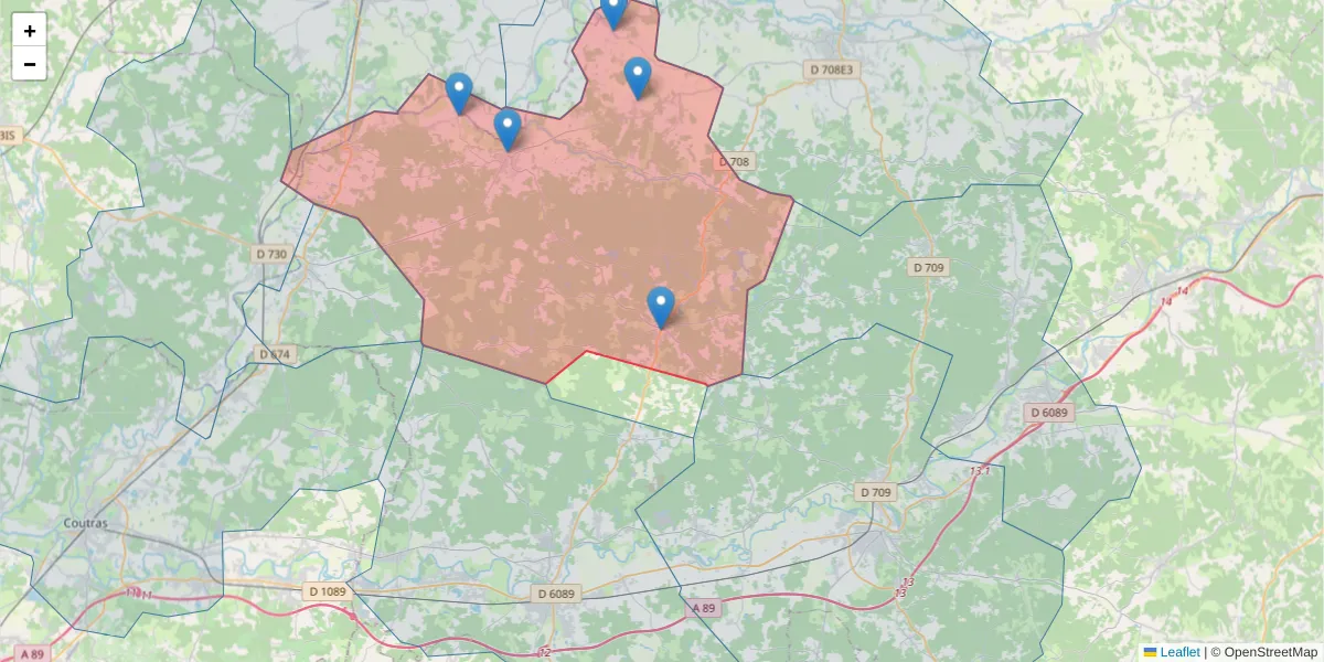 Carte de la zone du code postal  et des codes postaux voisins en France