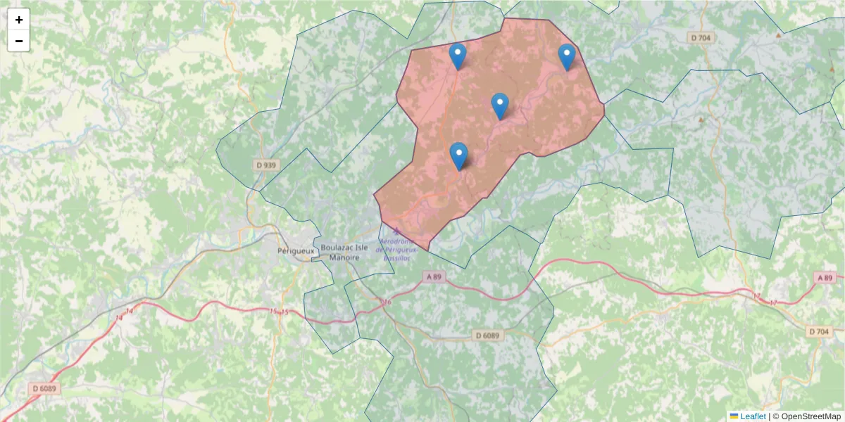 Carte de la zone du code postal  et des codes postaux voisins en France