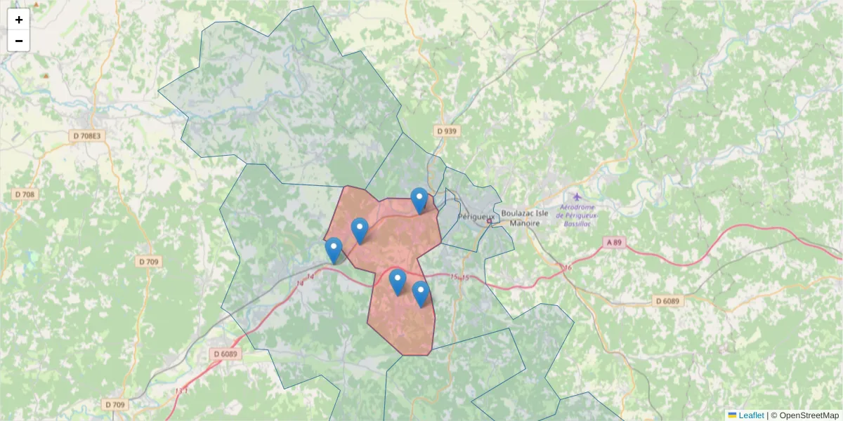 Carte de la zone du code postal  et des codes postaux voisins en France