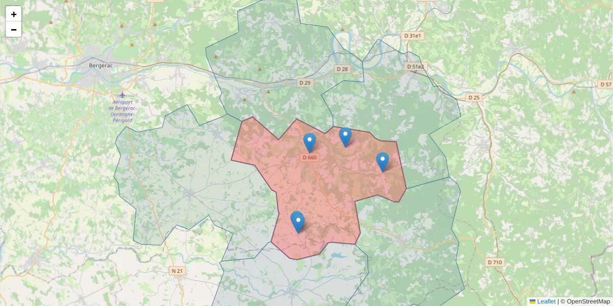 Carte de la zone du code postal  et des codes postaux voisins en France