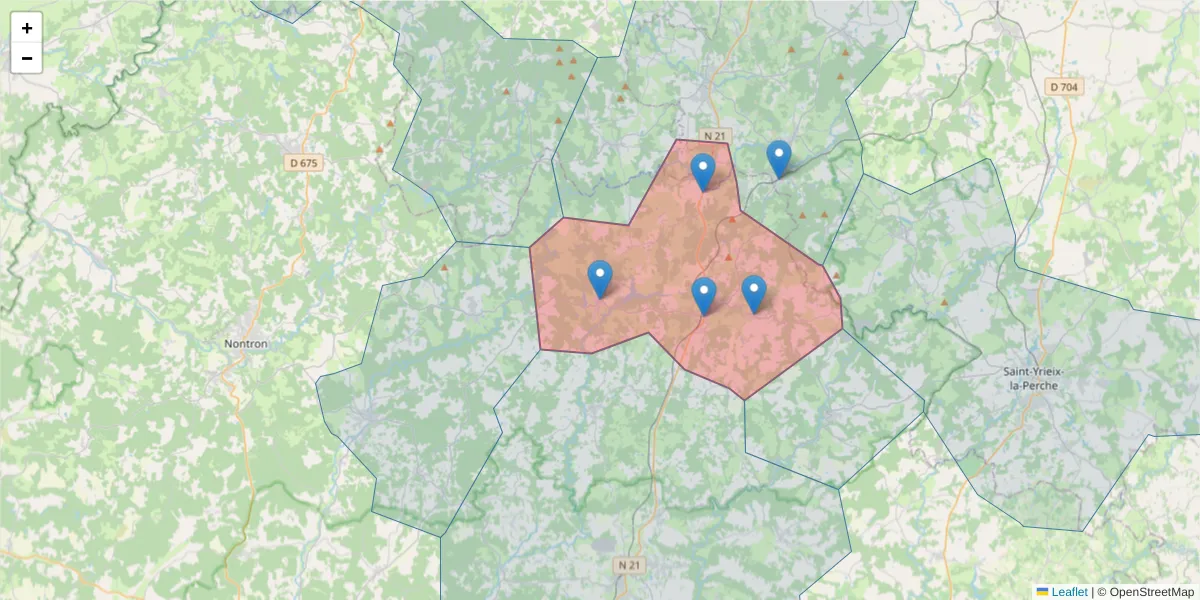 Carte de la zone du code postal  et des codes postaux voisins en France