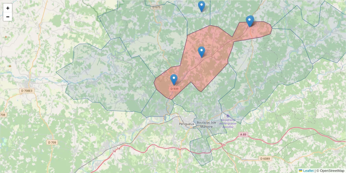 Carte de la zone du code postal  et des codes postaux voisins en France