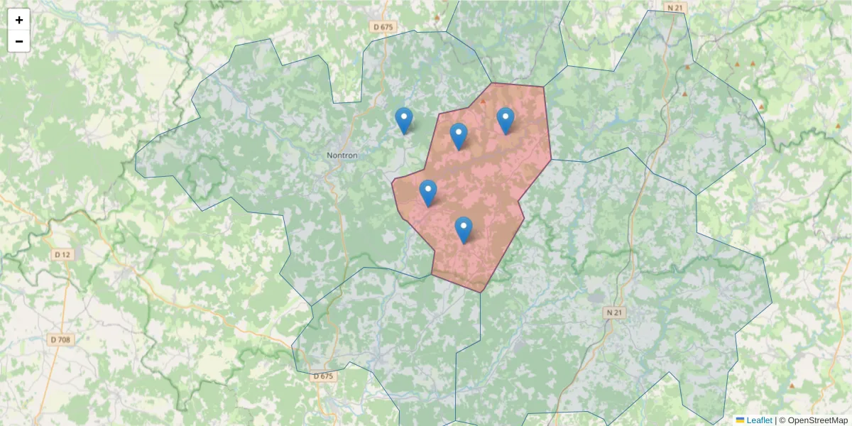 Carte de la zone du code postal  et des codes postaux voisins en France