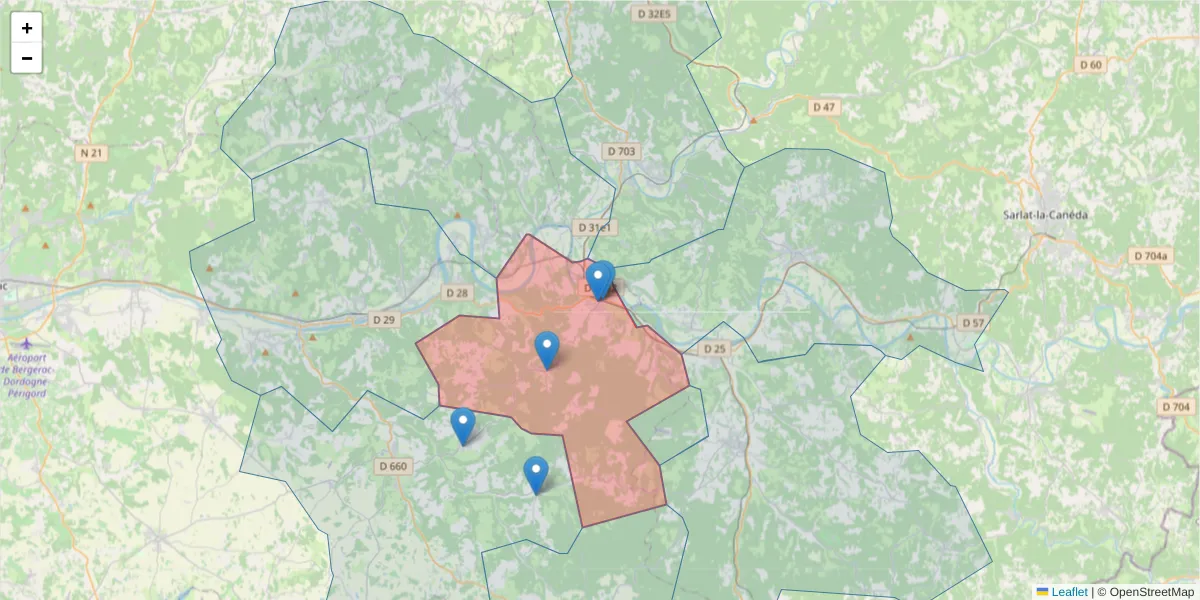 Carte de la zone du code postal  et des codes postaux voisins en France