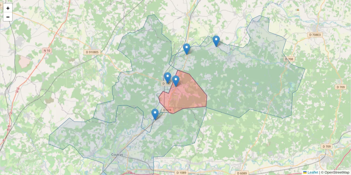 Carte de la zone du code postal  et des codes postaux voisins en France