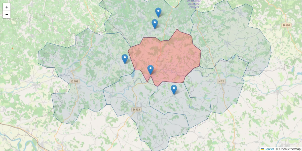 Carte de la zone du code postal  et des codes postaux voisins en France