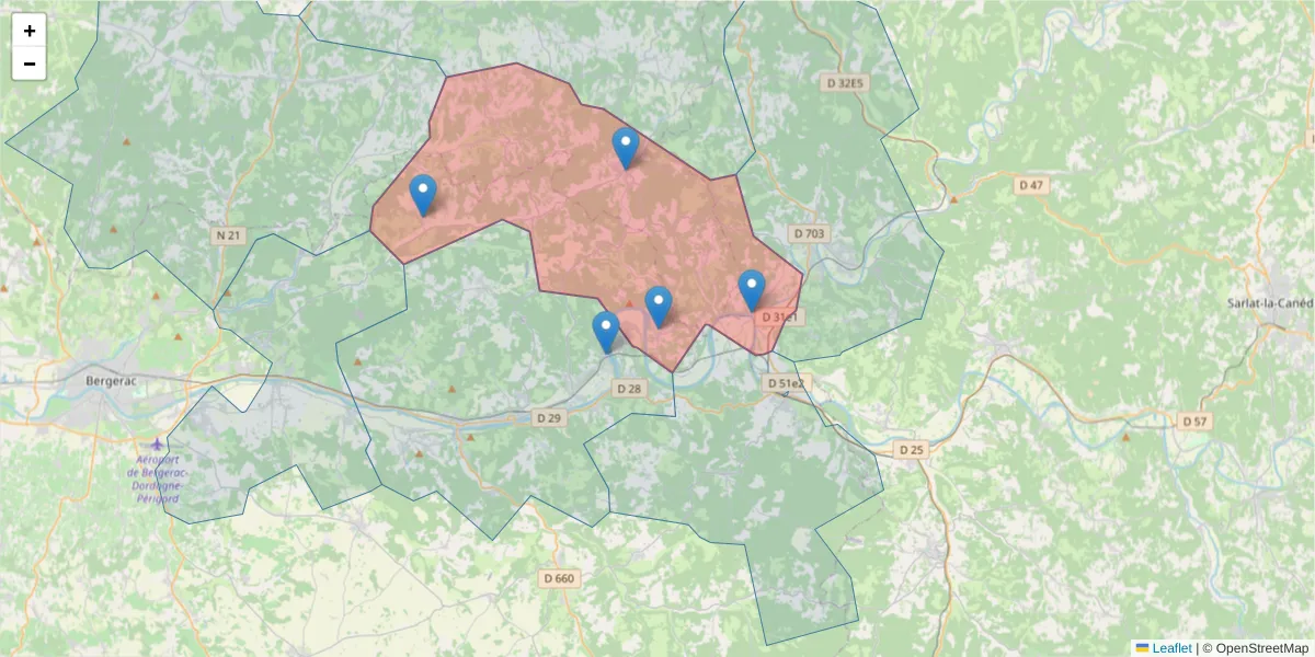Carte de la zone du code postal  et des codes postaux voisins en France