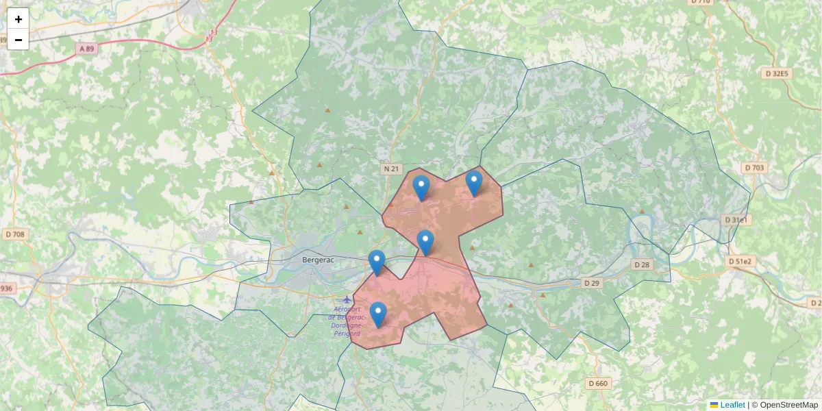 Carte de la zone du code postal  et des codes postaux voisins en France