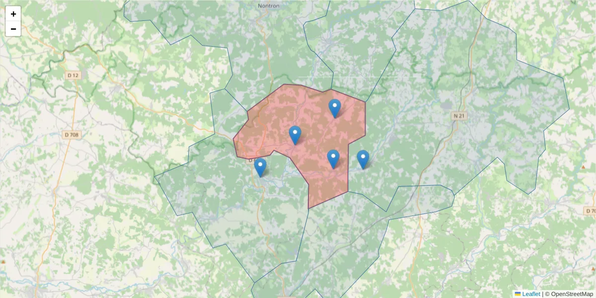 Carte de la zone du code postal  et des codes postaux voisins en France