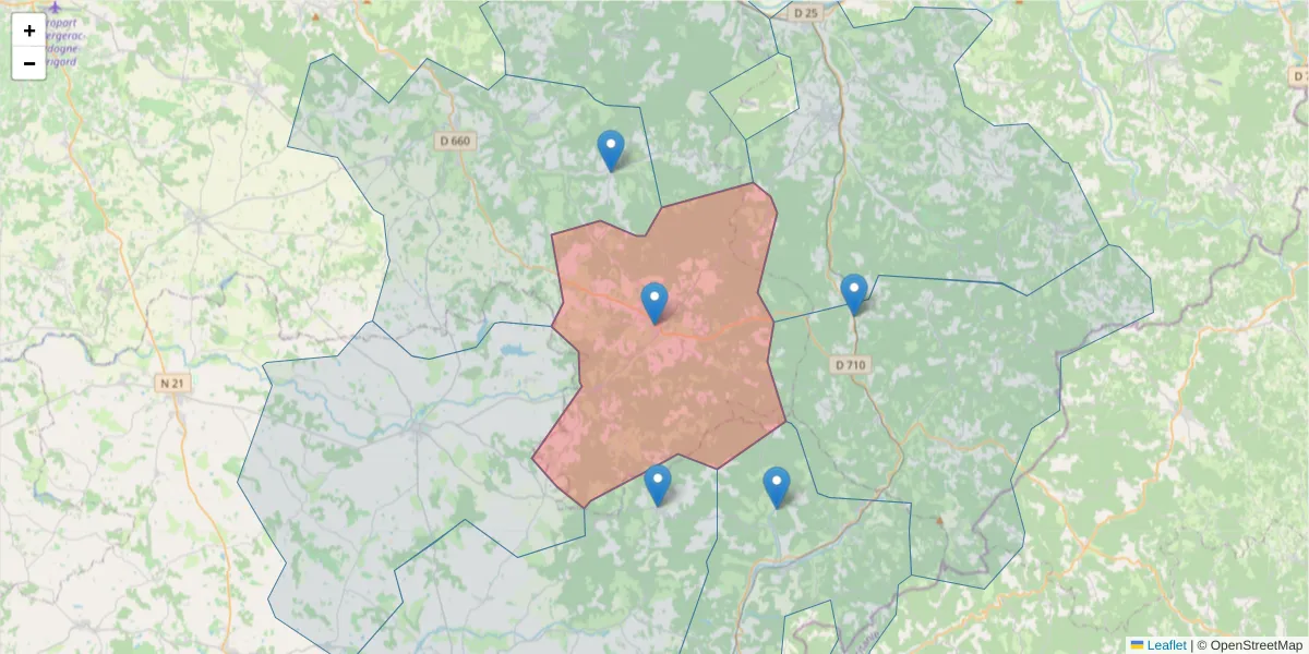 Carte de la zone du code postal  et des codes postaux voisins en France