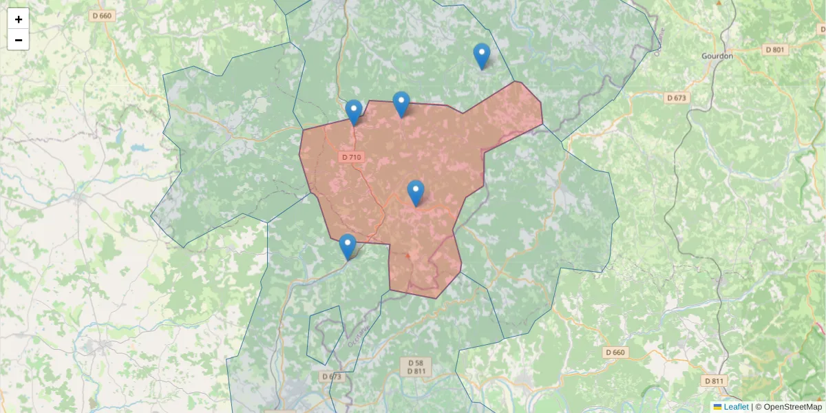Carte de la zone du code postal  et des codes postaux voisins en France