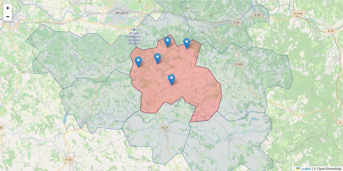 Carte de la zone du code postal  et des codes postaux voisins en France