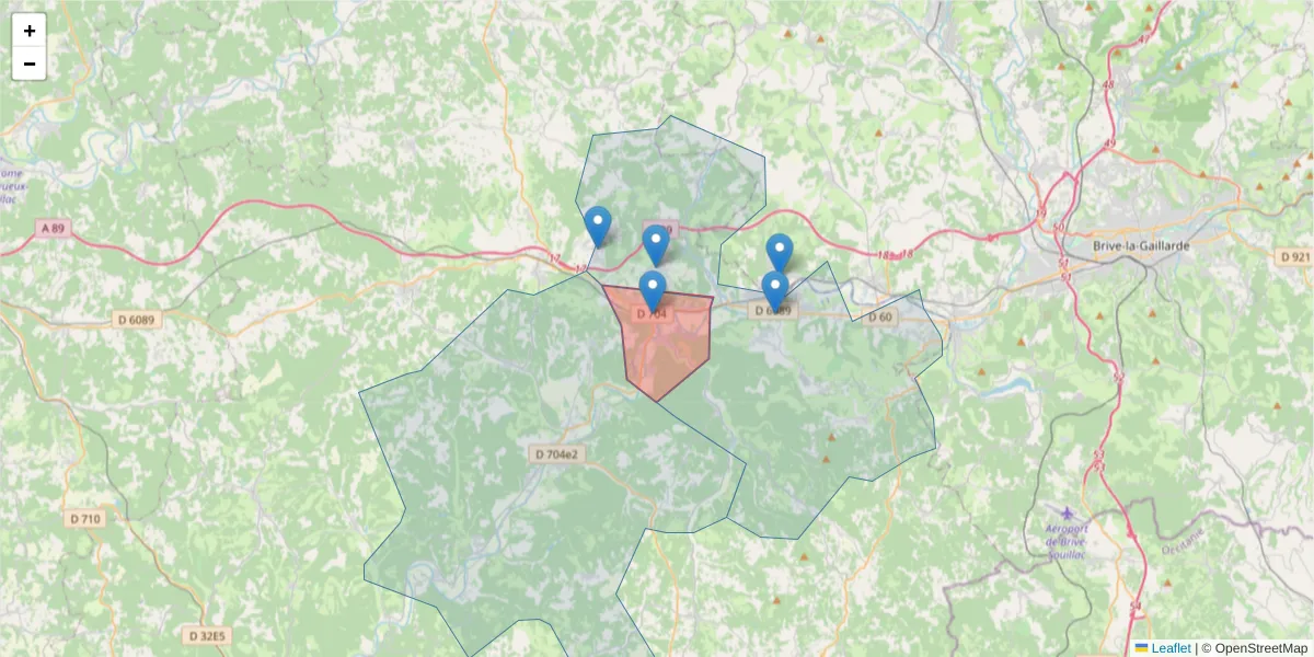 Carte de la zone du code postal  et des codes postaux voisins en France