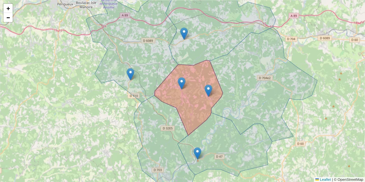Carte de la zone du code postal  et des codes postaux voisins en France