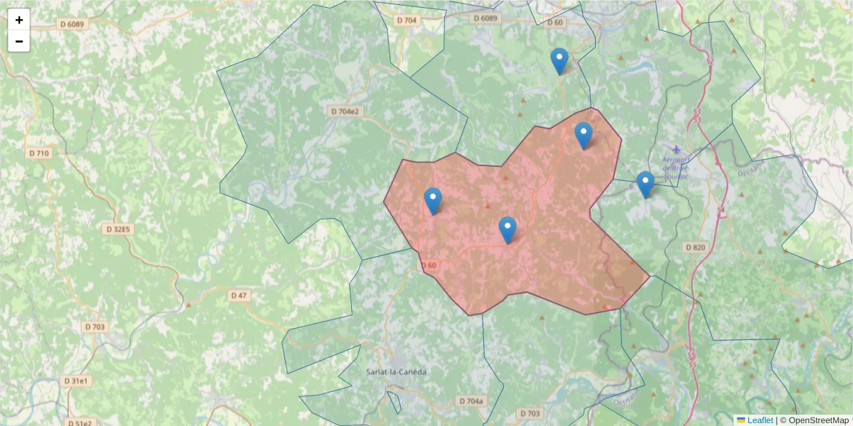 Carte de la zone du code postal  et des codes postaux voisins en France