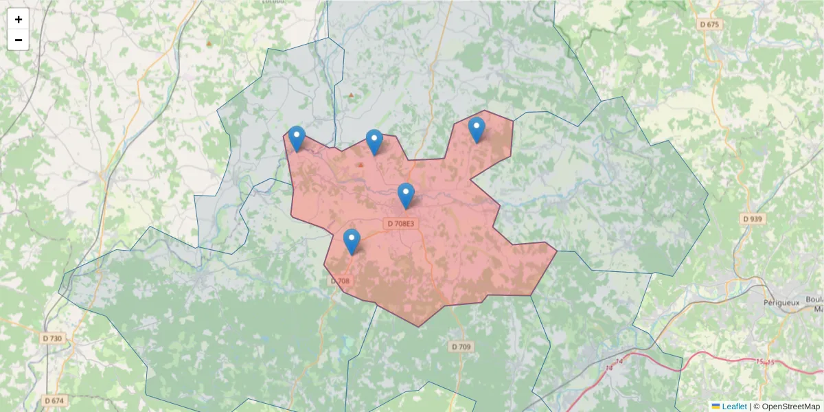 Carte de la zone du code postal  et des codes postaux voisins en France
