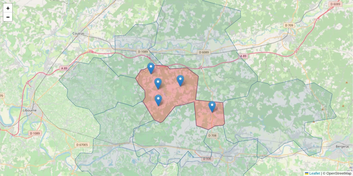 Carte de la zone du code postal  et des codes postaux voisins en France