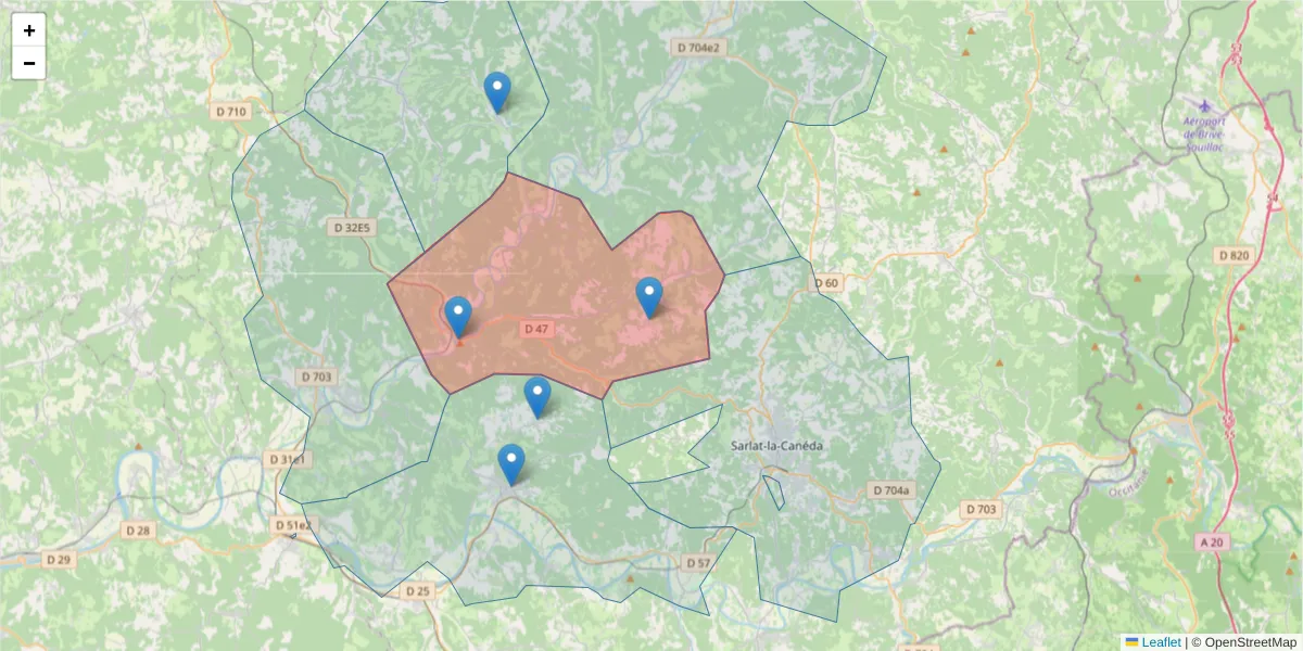 Carte de la zone du code postal  et des codes postaux voisins en France
