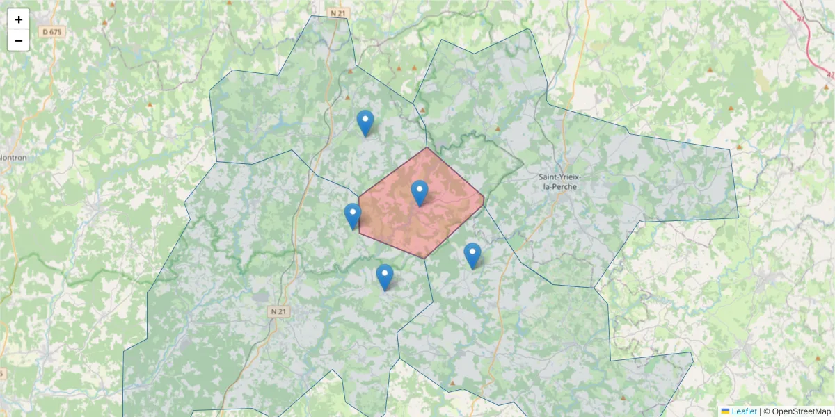 Carte de la zone du code postal  et des codes postaux voisins en France