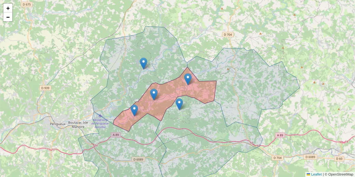 Carte de la zone du code postal  et des codes postaux voisins en France
