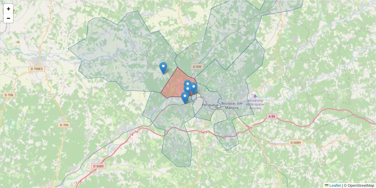 Carte de la zone du code postal  et des codes postaux voisins en France