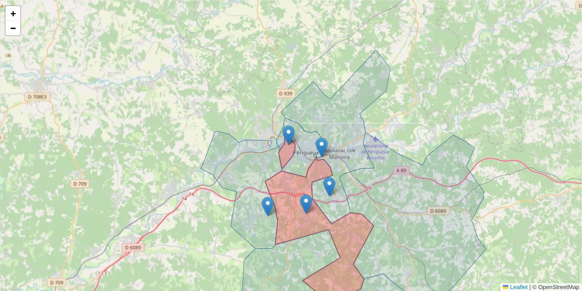 Carte de la zone du code postal  et des codes postaux voisins en France