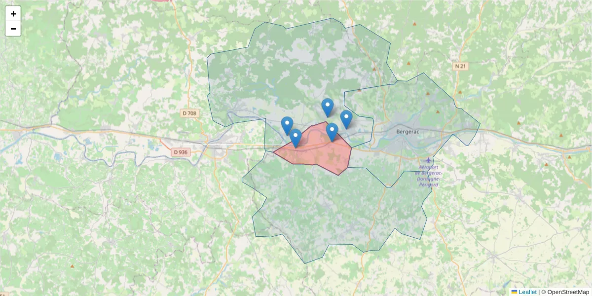 Carte de la zone du code postal  et des codes postaux voisins en France