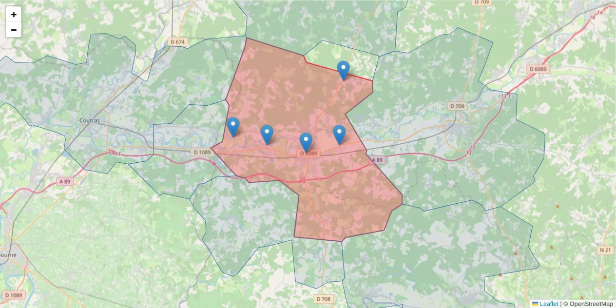 Carte de la zone du code postal  et des codes postaux voisins en France