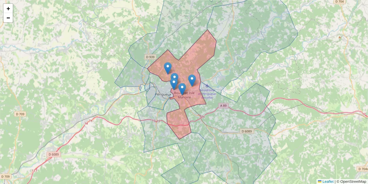 Carte de la zone du code postal  et des codes postaux voisins en France