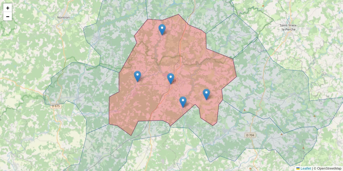 Carte de la zone du code postal  et des codes postaux voisins en France