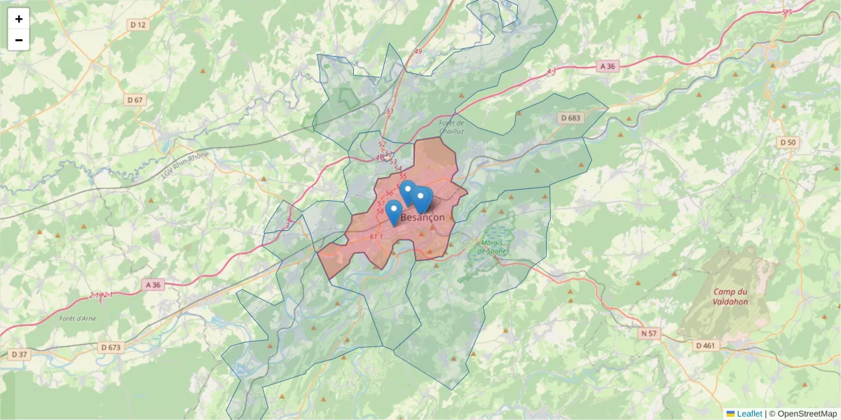 Carte de la zone du code postal  et des codes postaux voisins en France