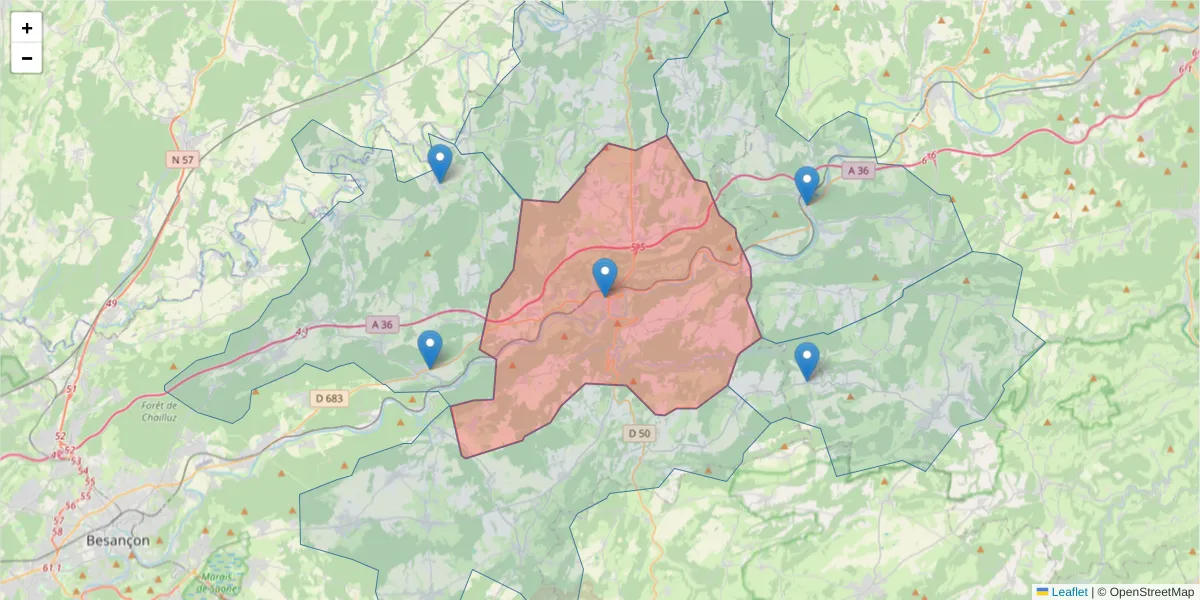 Carte de la zone du code postal  et des codes postaux voisins en France