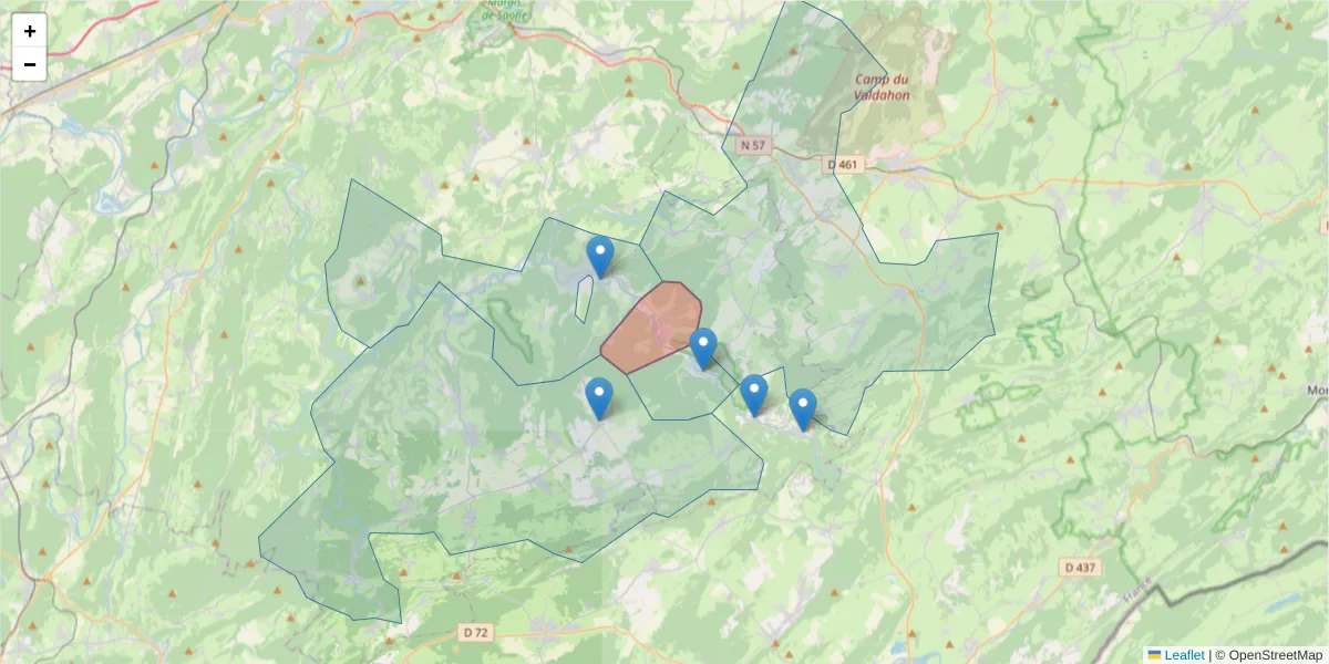 Carte de la zone du code postal  et des codes postaux voisins en France