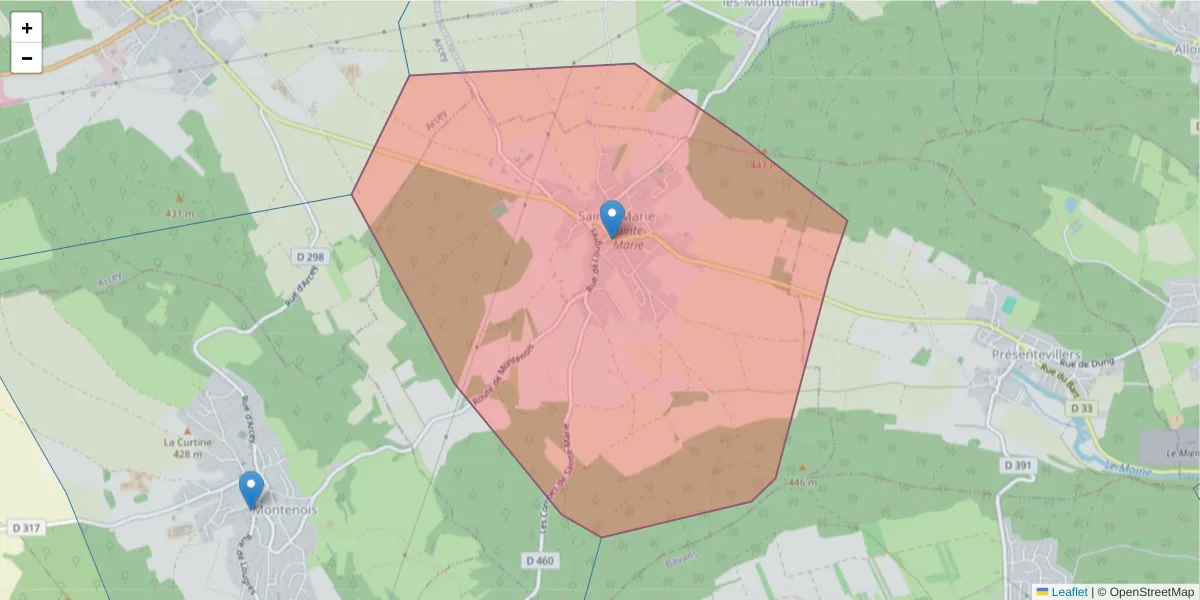 Carte de la zone du code postal  et des codes postaux voisins en France