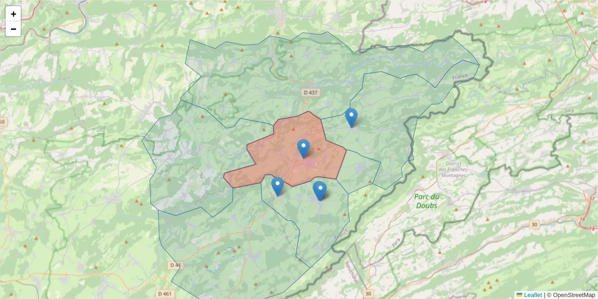 Carte de la zone du code postal  et des codes postaux voisins en France
