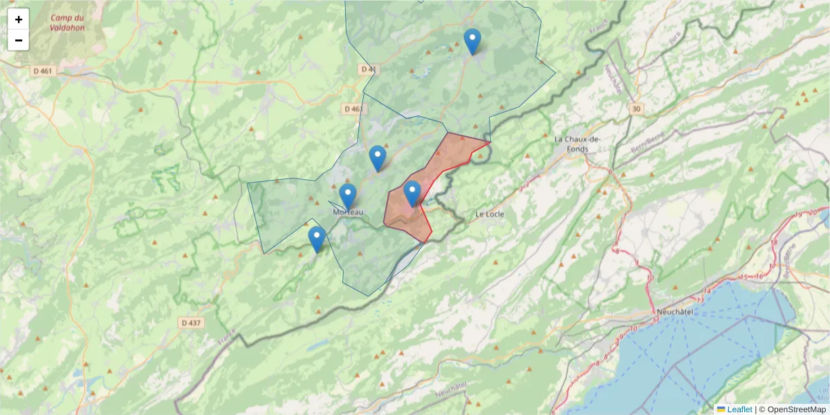 Carte de la zone du code postal  et des codes postaux voisins en France