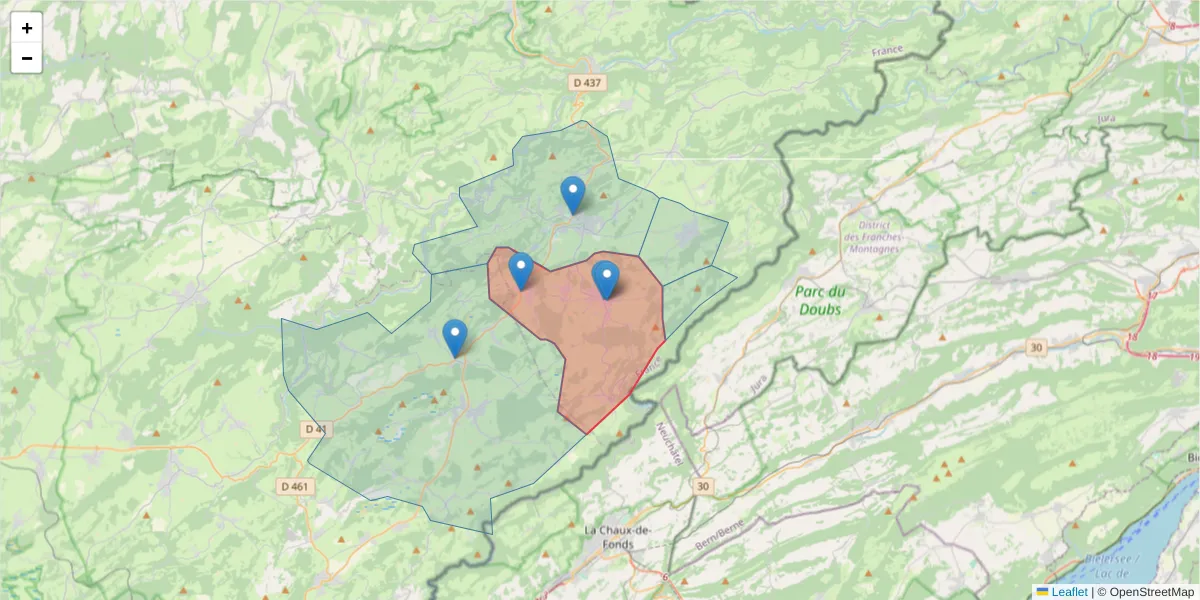 Carte de la zone du code postal  et des codes postaux voisins en France
