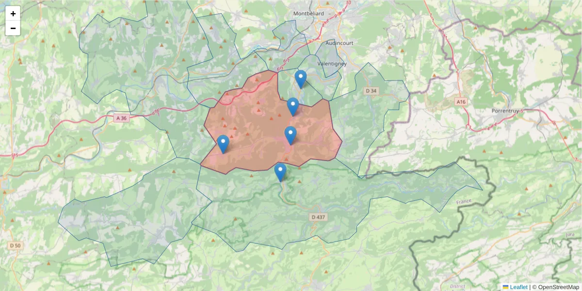Carte de la zone du code postal  et des codes postaux voisins en France