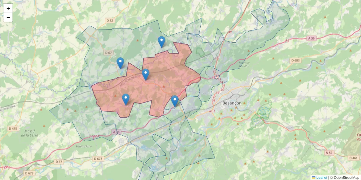 Carte de la zone du code postal  et des codes postaux voisins en France