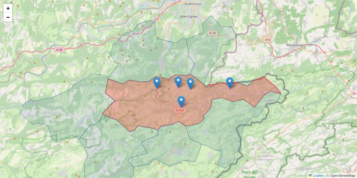Carte de la zone du code postal  et des codes postaux voisins en France